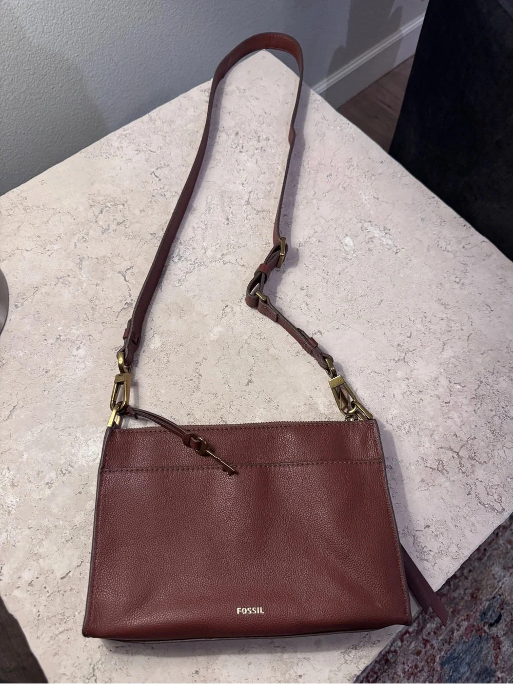 Fossil Leather Crossbody Bag, Cognac Brown, Pebbled Leather, with Brass Hardware